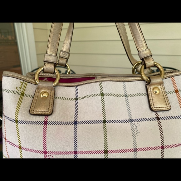 Coach Peyton Tattersall Plaid Cream Leather Tote - Picture 8 of 14